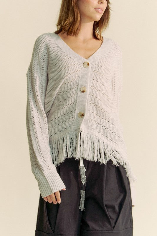 Davi & Dani Fringe V-Neck Button Up Long Sleeve Cardigan