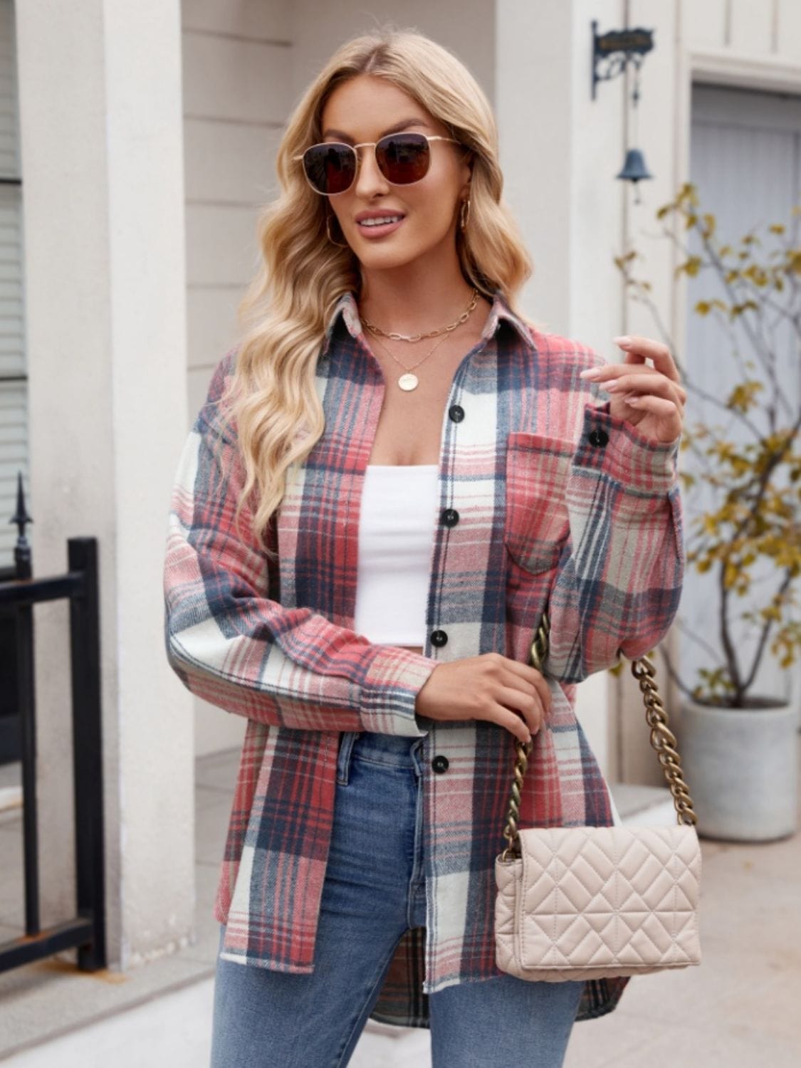 Mandy Pocketed Plaid Collared Neck Long Sleeve Shirt