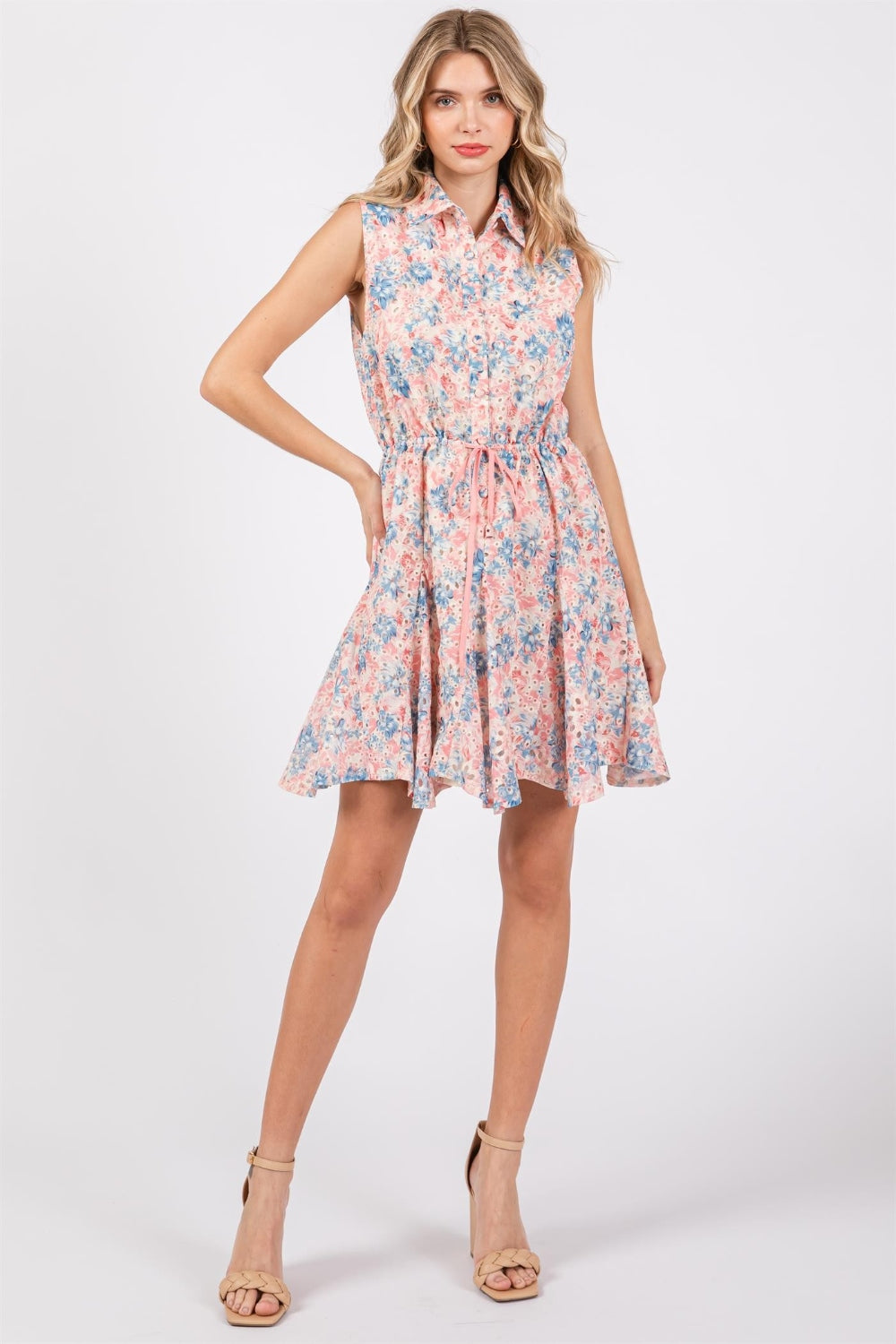GeeGee Full Size Floral Eyelet Sleeveless Mini Dress *