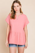 Cotton Bleu by Nu Label Notched Short Sleeve Peplum Top *