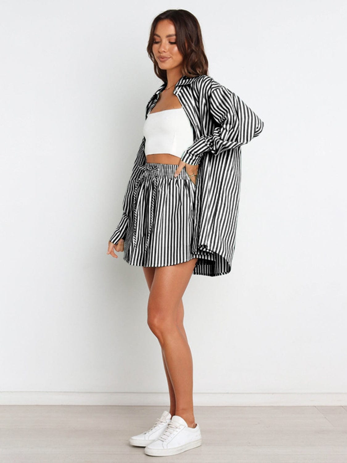 Full Size Striped Dropped Shoulder Shirt and Shorts Set