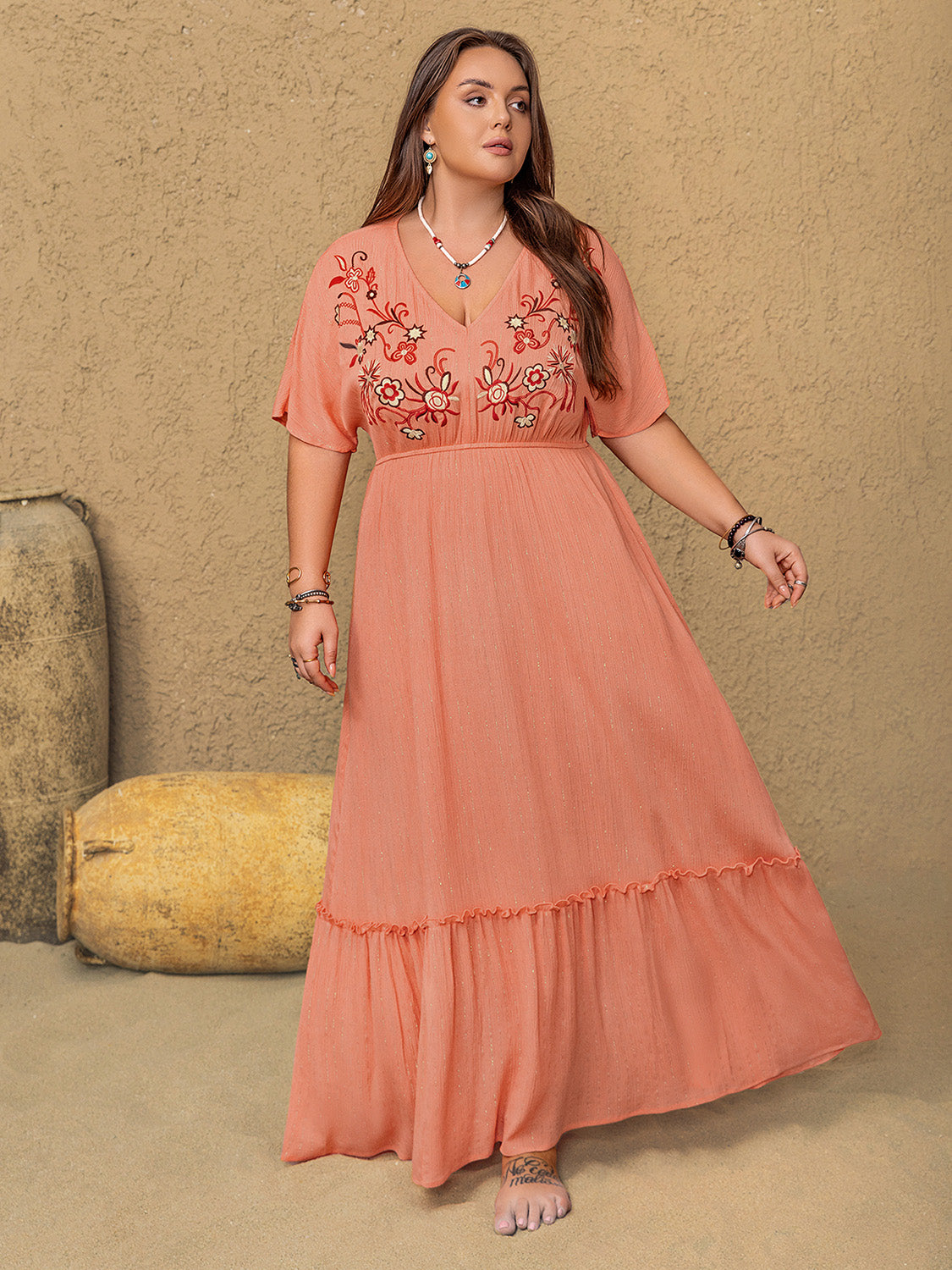 Plus Size Frill Embroidered V-Neck Half Sleeve Maxi Dress