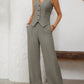 V-Neck Button Down Vest and Wide Leg Pants Set