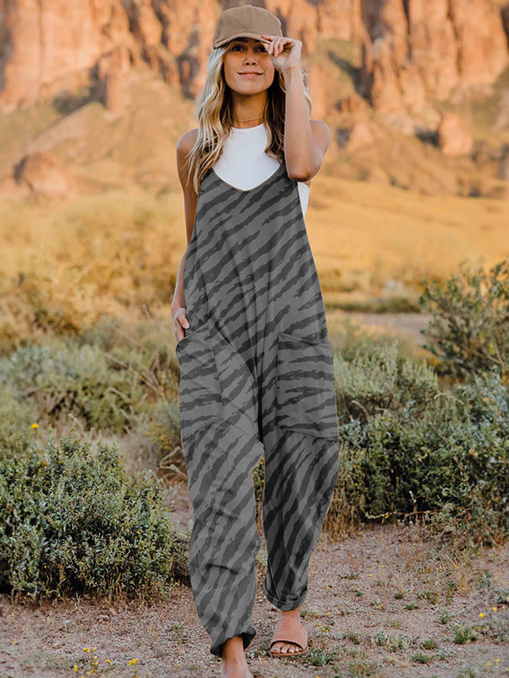 Double Take Full Size Printed V-Neck Sleeveless Jumpsuit