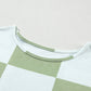 Checkered Round Neck Lantern Sleeve Top