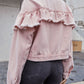 Ruffled Collared Neck Long Sleeve Denim Top