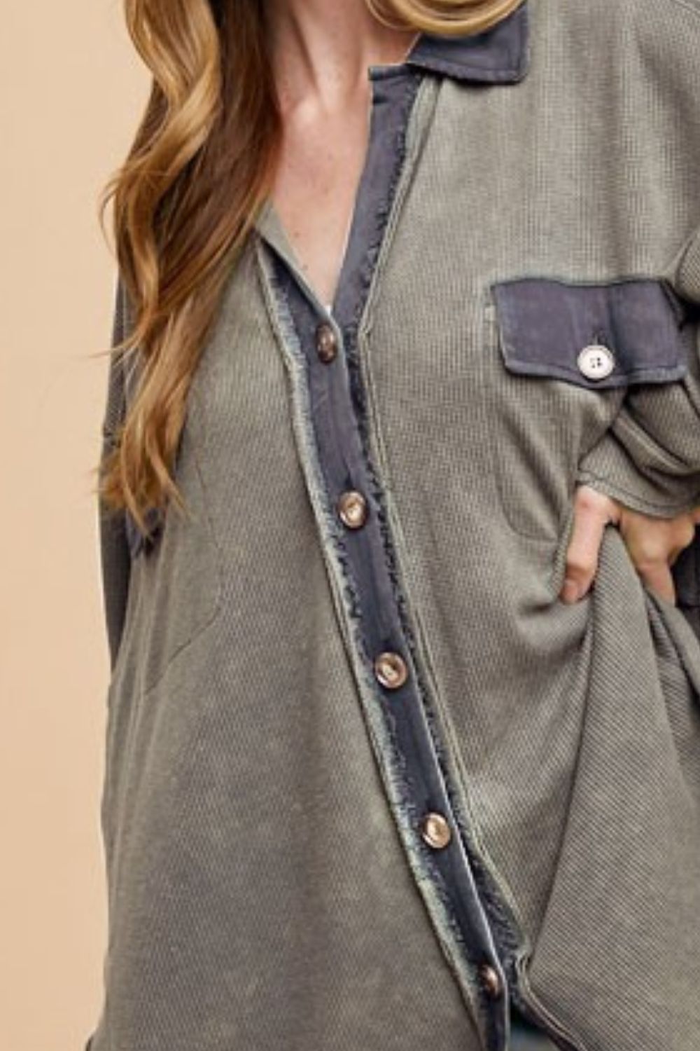 Annie Wear Waffle-Knit Mineral Washed Button Down Shirt