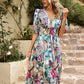 Smocked Printed V-Neck Half Sleeve Midi Dress