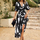 Smocked Printed V-Neck Half Sleeve Midi Dress