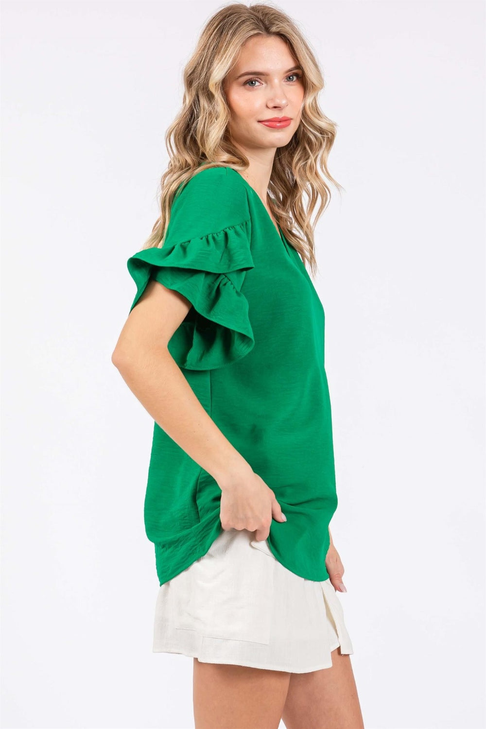 GeeGee Ruffled Short Sleeve V-Neck Blouse *