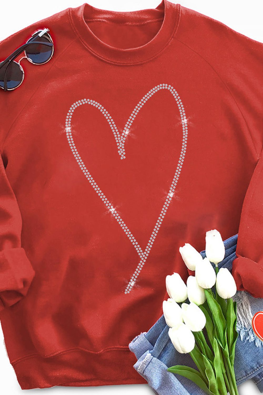 Valentine's Day Deep Red Rhinestone Heart Long Sleeve Sweatshirt