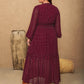 Plus Size Embroidered Polka Dot Tie Neck Long Sleeve Midi Dress