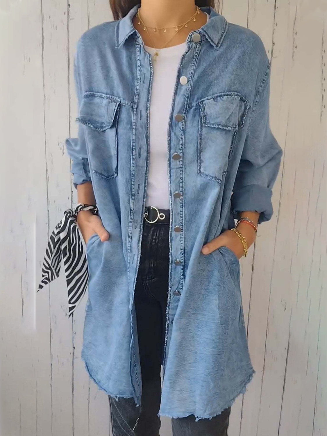 Full Size Raw Hem Button Up Long Sleeve Denim Top Plus Size