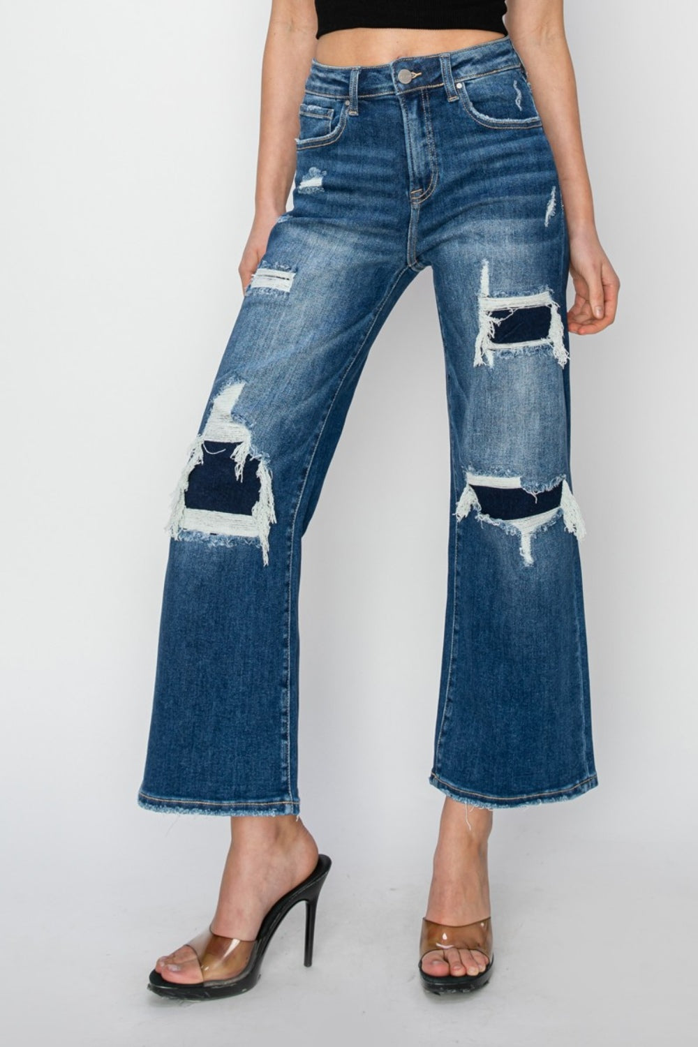 Risen Full Size High Rise Patch Detailed Wide Leg Crop Jeans *