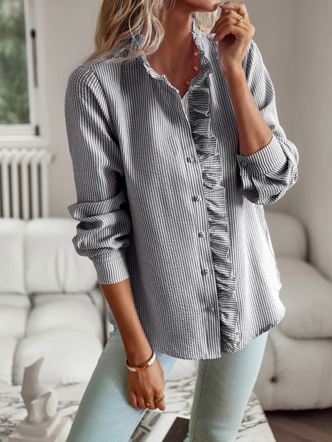 Devine Ruffle Trim Long Sleeve Shirt