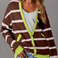 Contrast Stripes Button Down Long Sleeve Cardigan