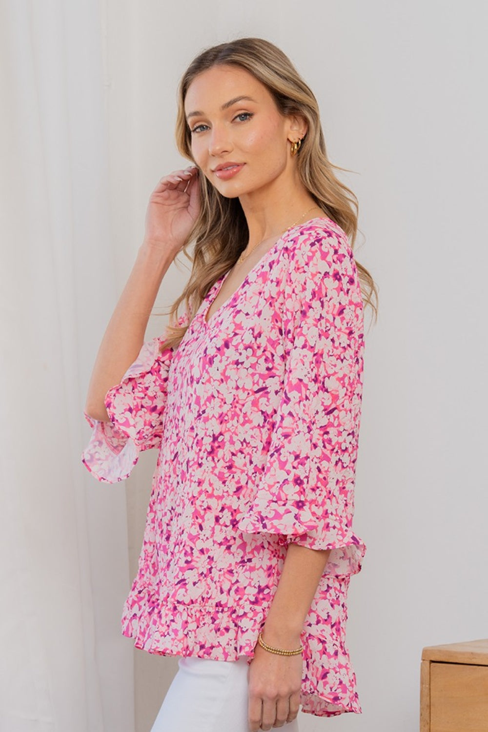 Sew In Love Full Size Floral V-Neck Flounce Sleeve Top *
