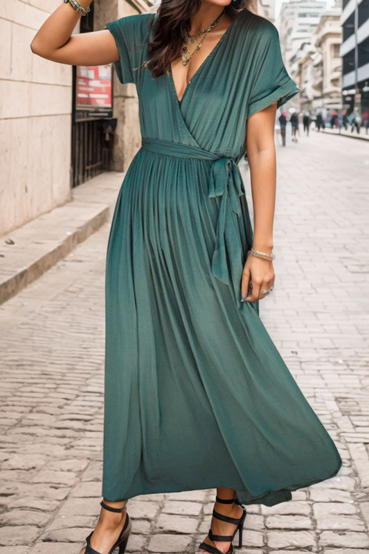 Surplice Tie Waist Short Sleeve Maxi Dress