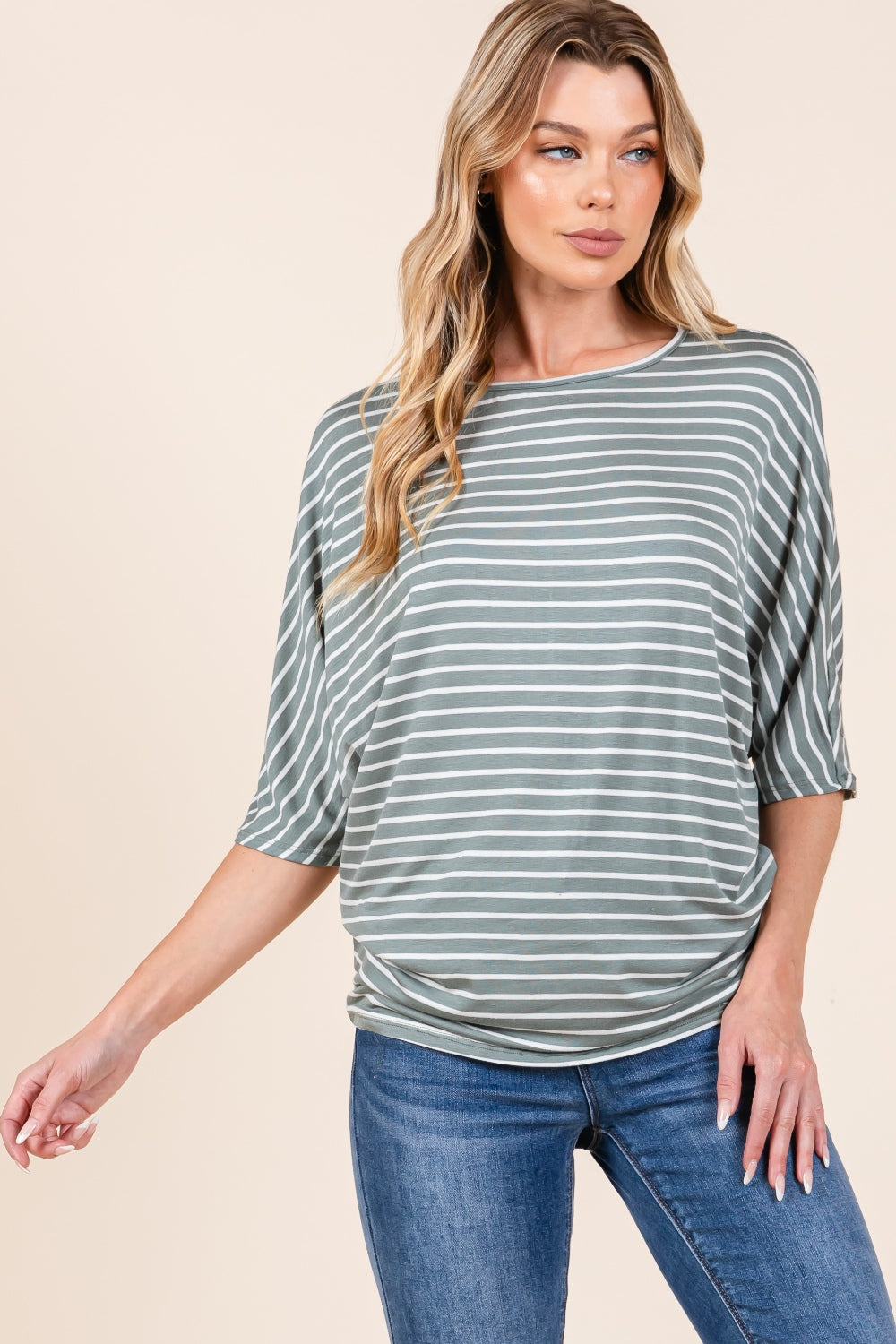 BOMBOM Striped Boat Neck Dolman Sleeve Top *