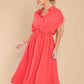 Drawstring Collared Neck Short Sleeve Midi Dress