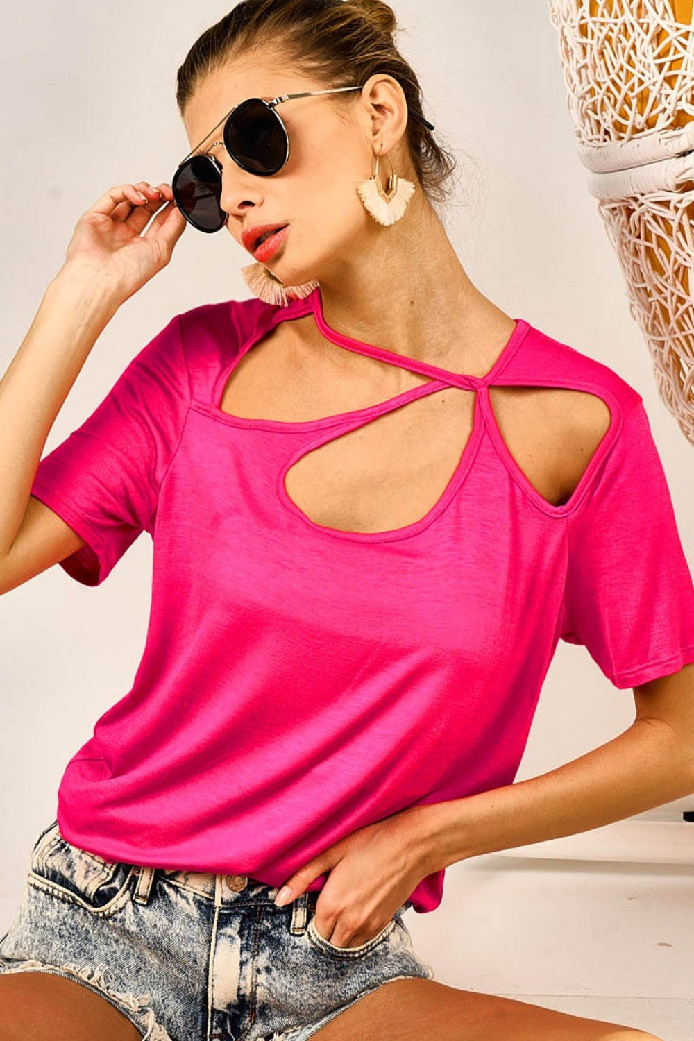 BiBi Cutout Asymmetrical Neck Short Sleeve T-Shirt - Brand BiBi *