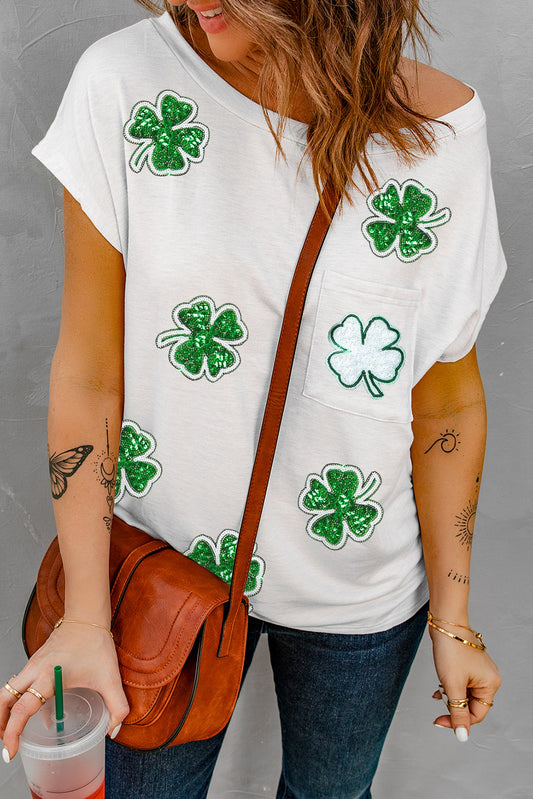 Full Size Sequin Lucky Clover Boat Neck White T-Shirt