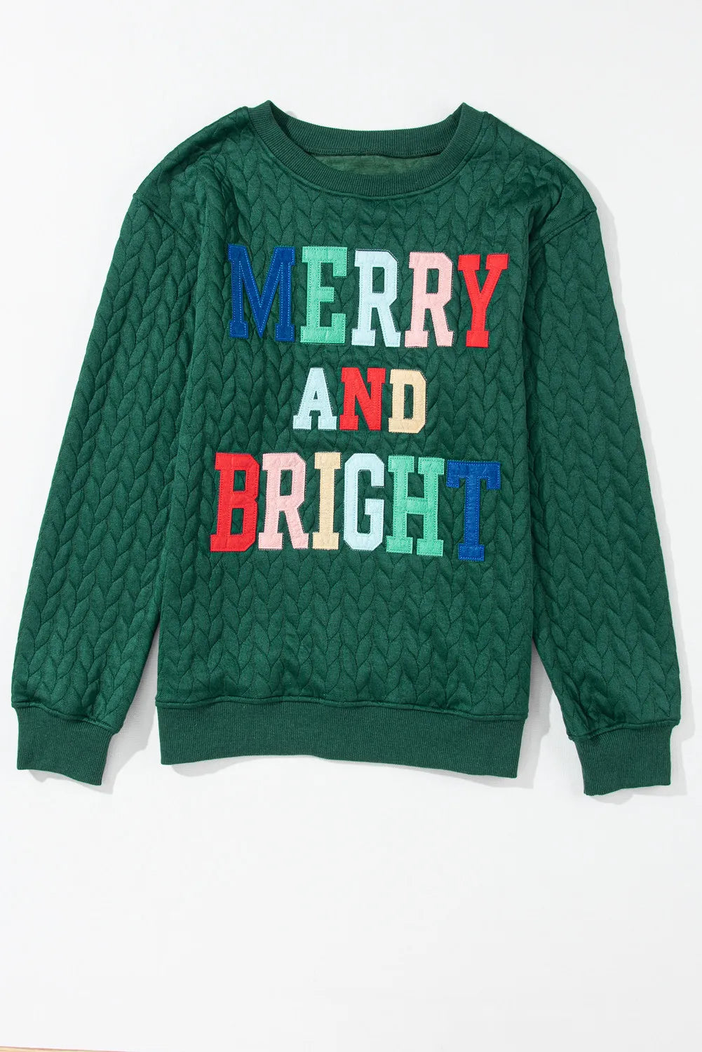 Christmas Themed MERRY AND BRIGHT Cable Knit Pullover Sweatshirt