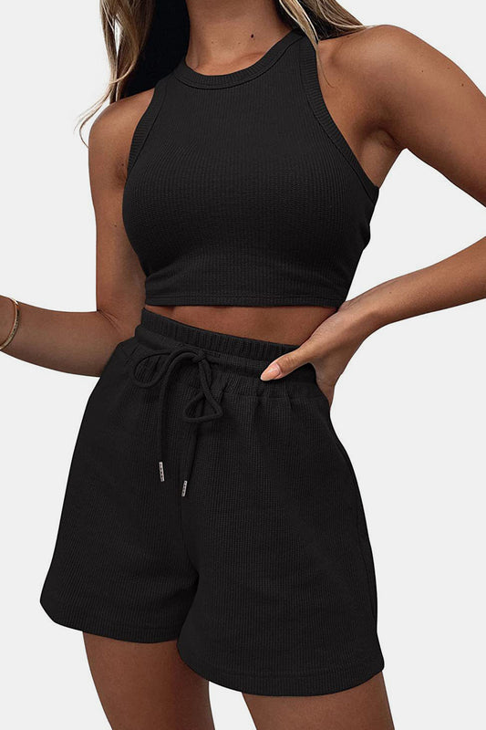 Full Size Round Neck Top and Drawstring Shorts Set