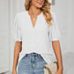 Eyelet Short Puff Sleeve Notched Neck Top