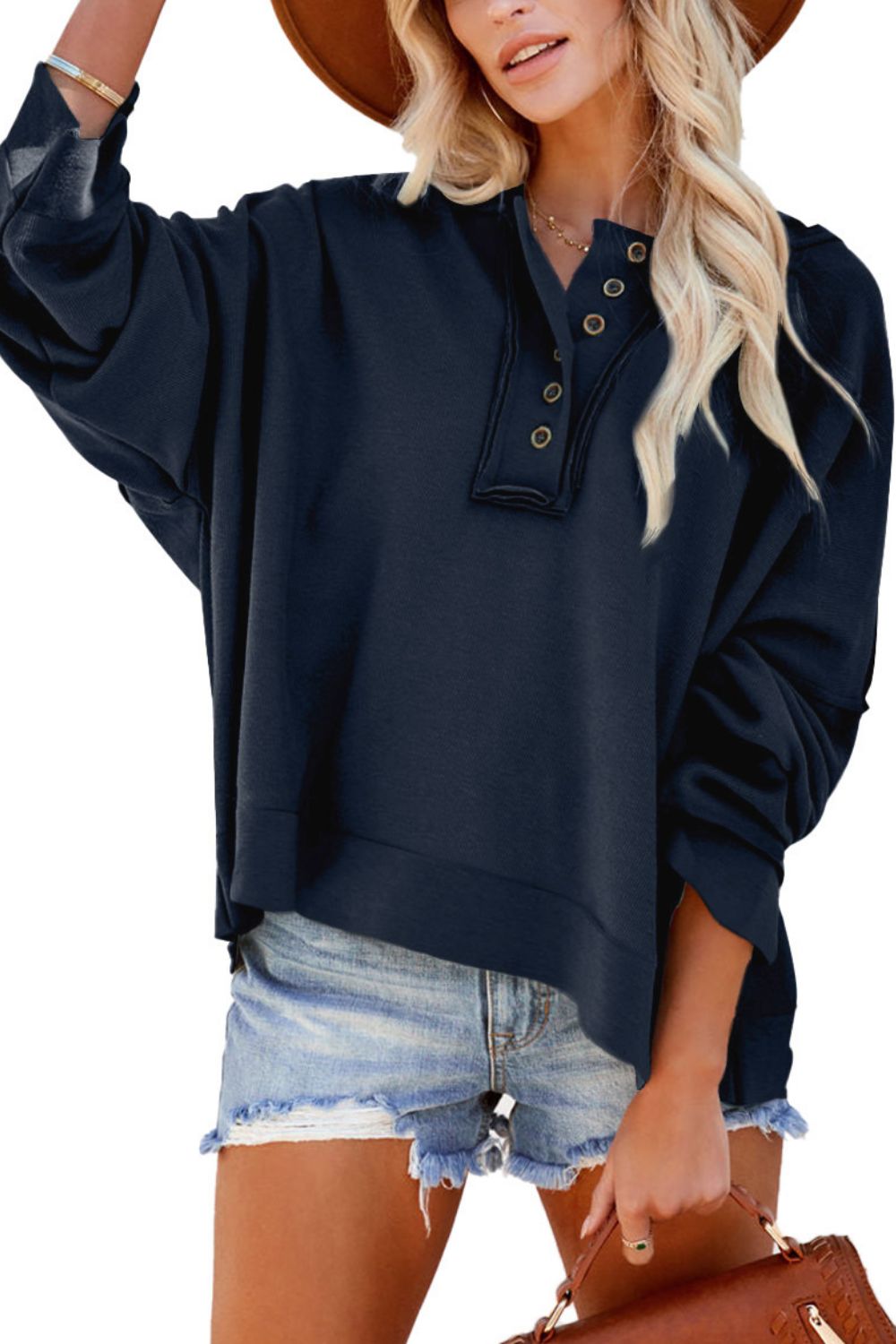 Malibu Dreams Quarter-Button Exposed Seam Dropped Shoulder Hoodie