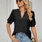 Eyelet Short Puff Sleeve Notched Neck Top