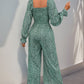 Perfee Smocked Printed Long Sleeve Wide Leg Jumpsuit