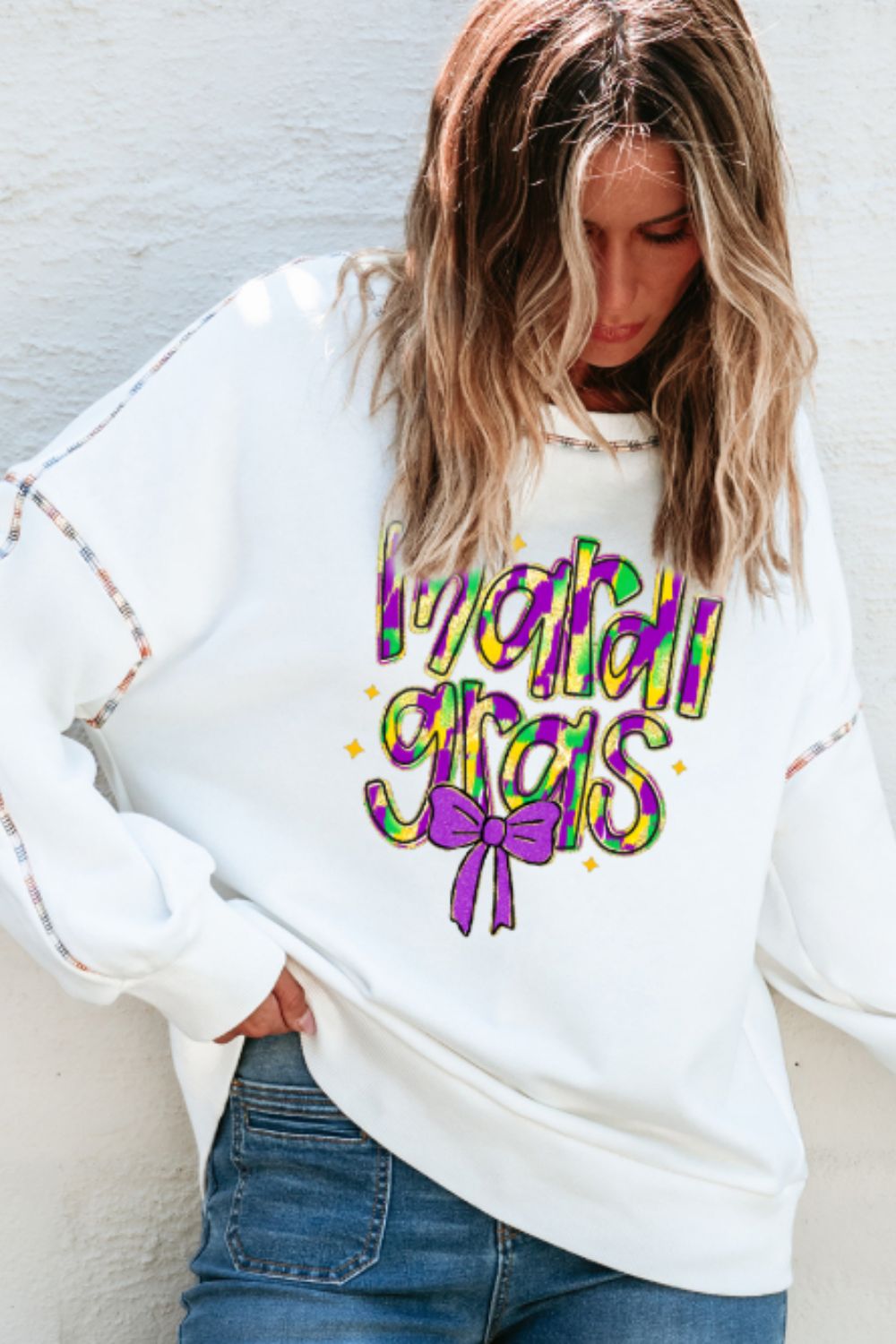 MARDI GRAS White Round Neck Long Sleeve Sweatshirt