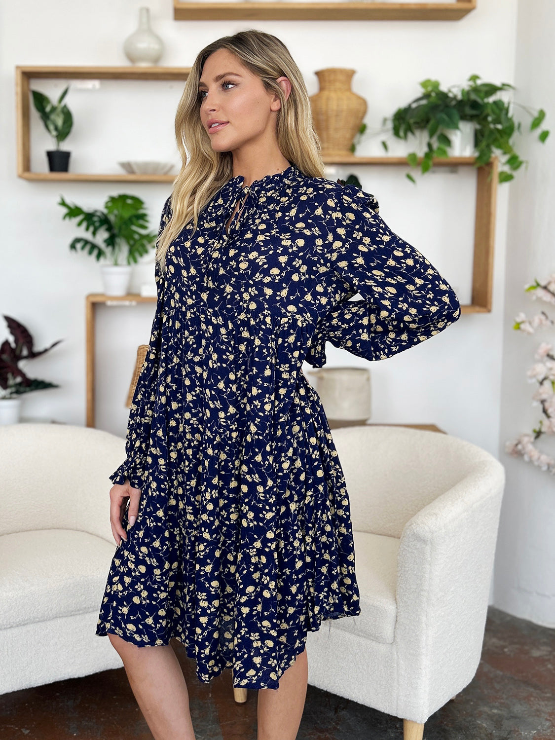 Double Take Full Size Printed Ruffle Hem Long Sleeve Dress