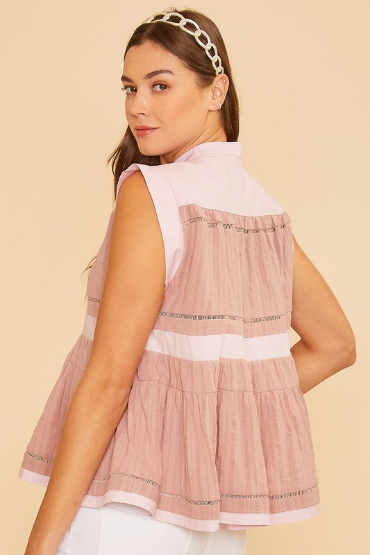 Annie Wear Contrast Trim Peplum Button Detail Blouse *
