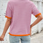 Lovelet Striped Contrast Round Neck Half Sleeve Knit Top