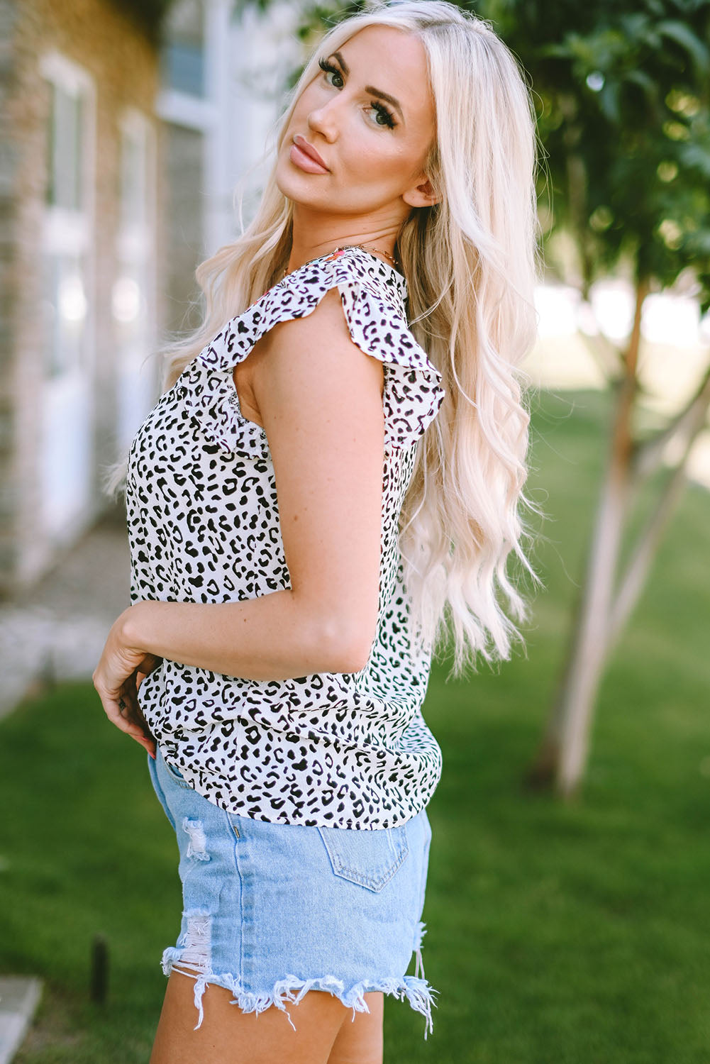 Full Size Leopard Ruffled Notched Tank