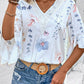 Ruffled Printed V-Neck Half Sleeve Blouse