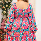 Plus Size Smocked Floral Square Neck Balloon Sleeve Dress