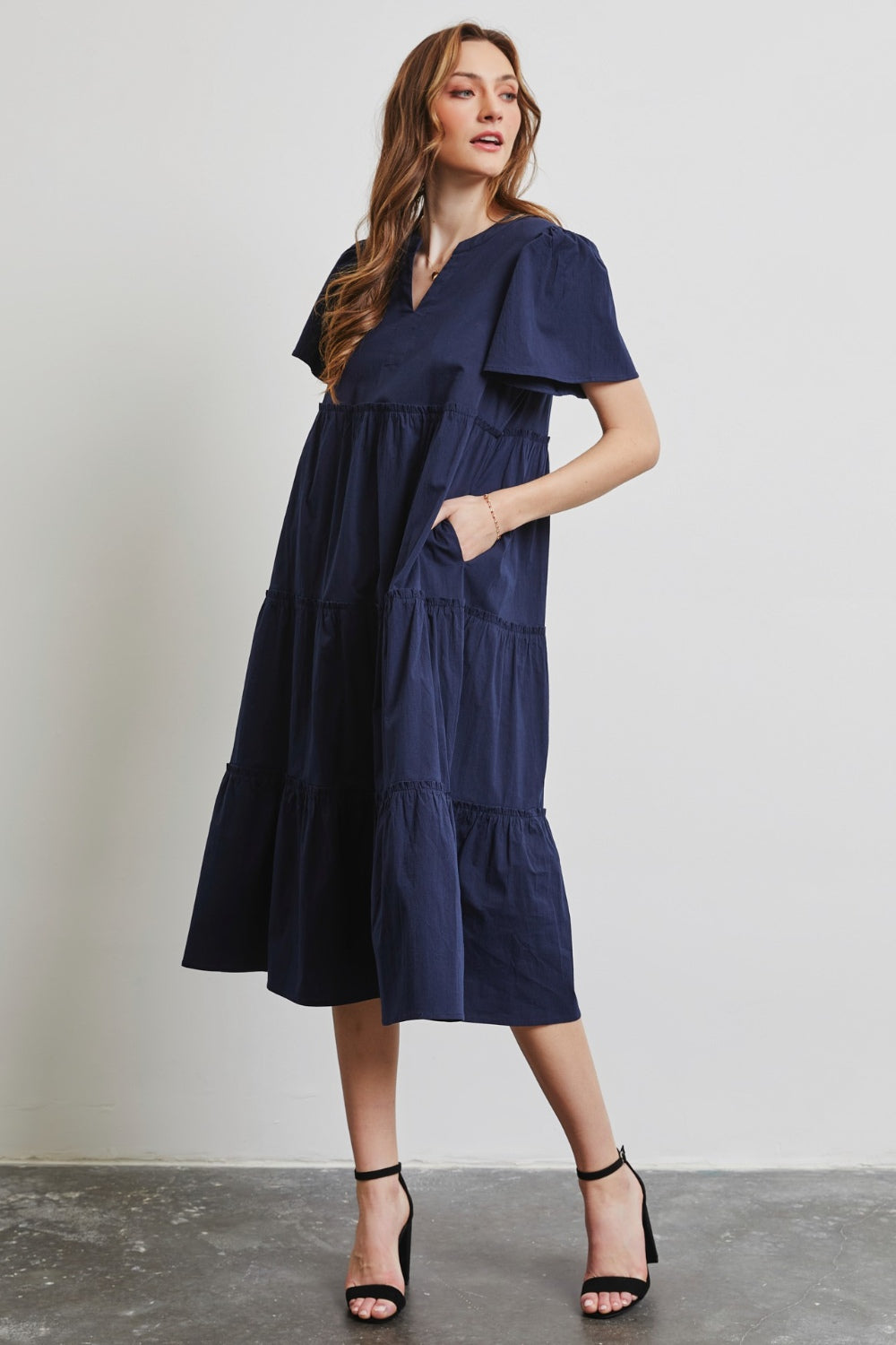 HEYSON Full Size Navy Blue Cotton Poplin Ruffled Tiered Midi Dress