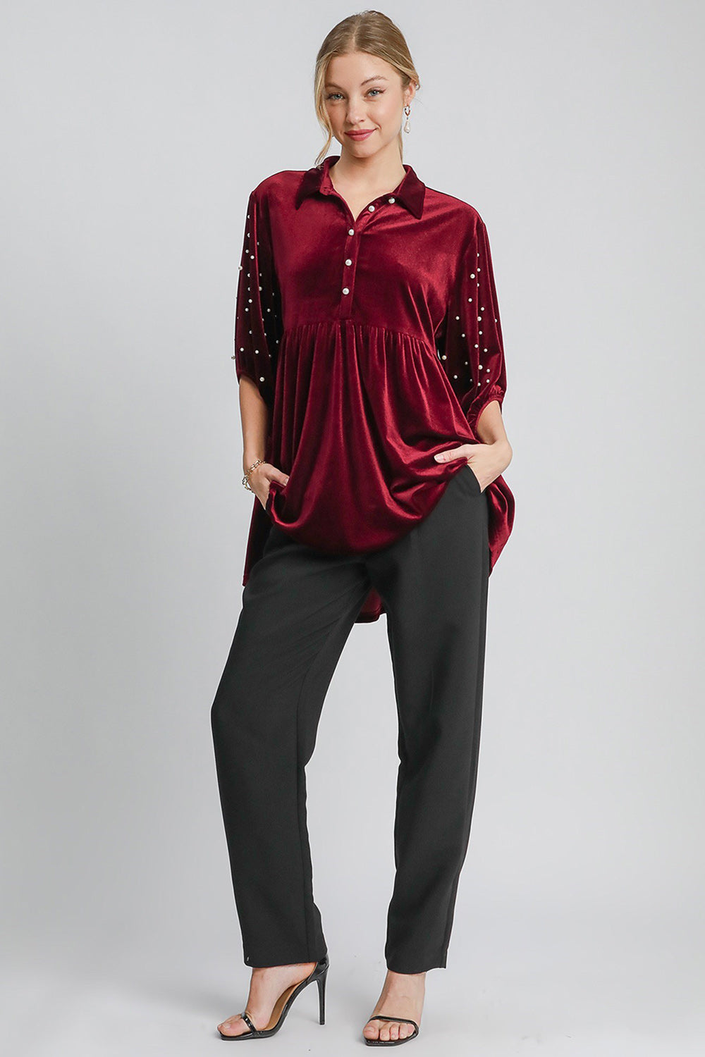 Umgee Pearl Detail Collared Neck Velvet Babydoll Blouse *