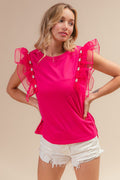 BiBi Pearl Decor Mesh Ruffle Sleeve Top - Brand BiBi