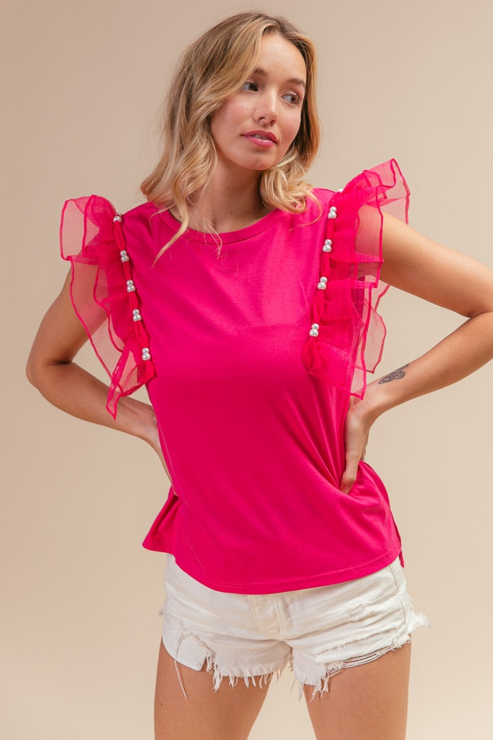 BiBi Pearl Decor Mesh Ruffle Sleeve Top - Brand BiBi