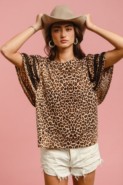 BiBi Leopard Crochet Trim Round Neck Short Sleeve Top - Brand BiBi