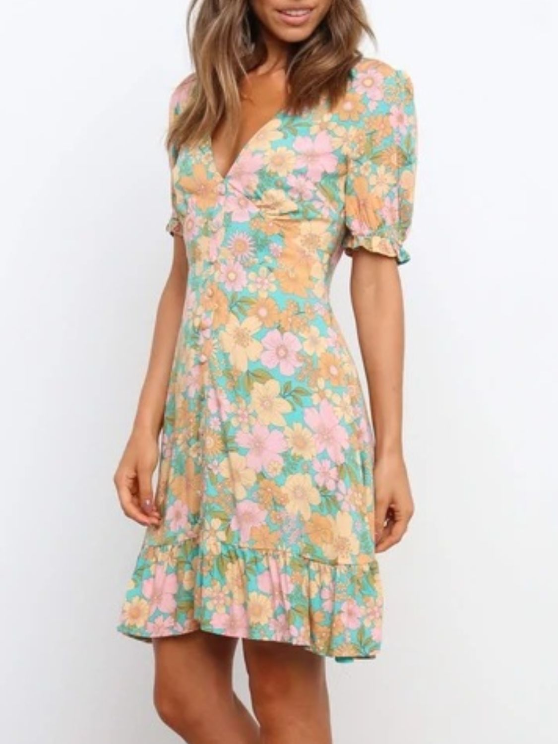 Ruffled Hem Printed Short Sleeve Mini Dress