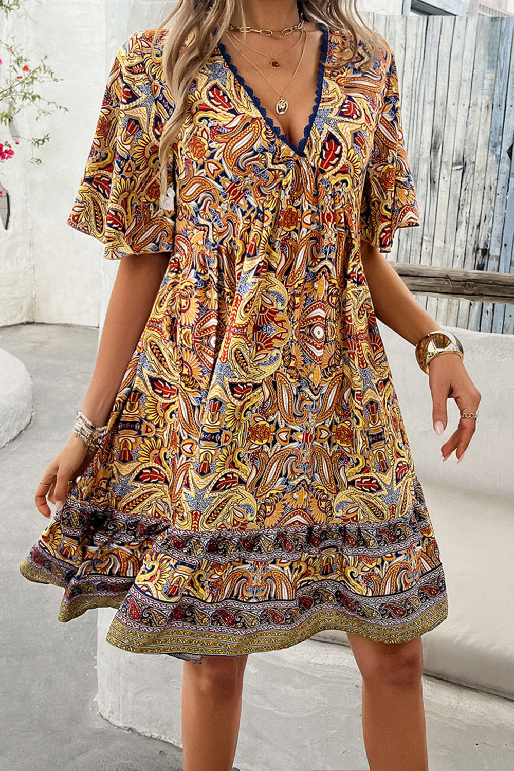 BeyondCute Printed V-Neck Half Sleeve Mini Dress