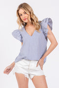 Ces Femme Striped V-Neck Ruffled Cap Sleeve Blouse *