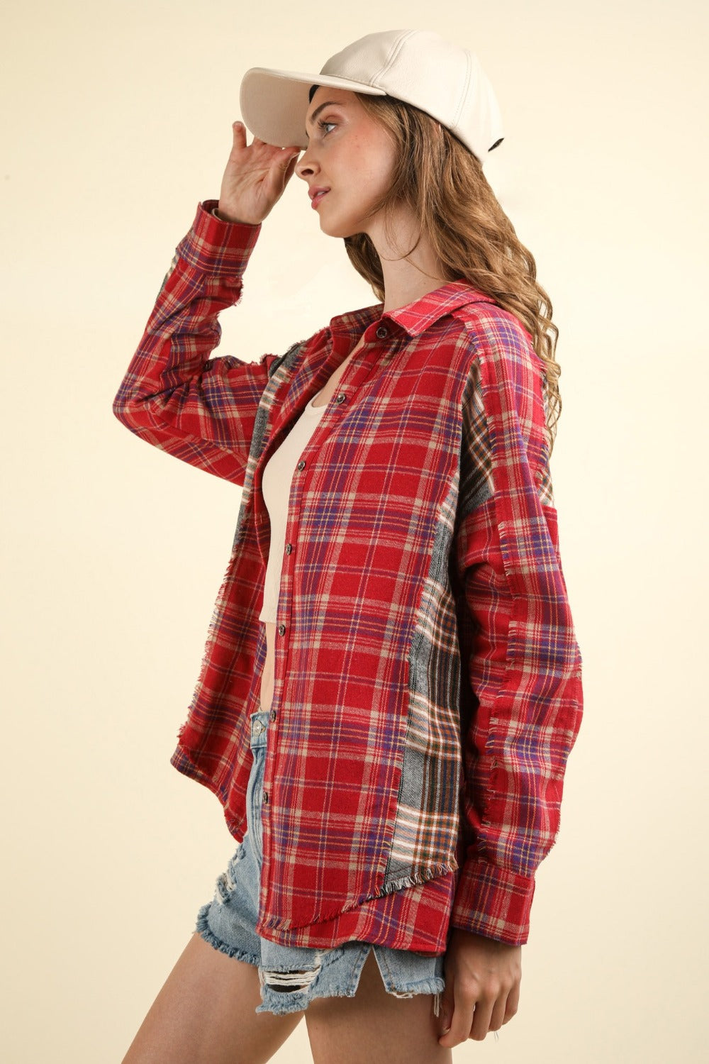 VERY J Contrast Plaid Raw Detail Shirt *