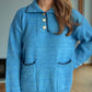 Contrast Trim Quarter Button Long Sleeve Sweater