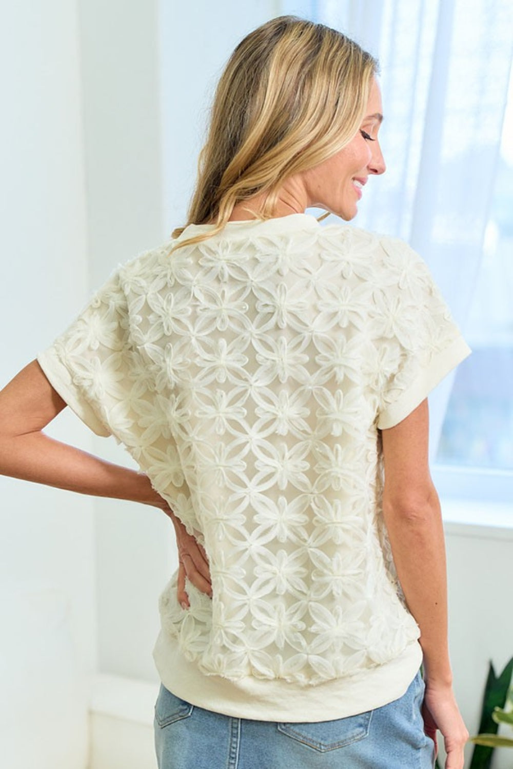 First Love 3D Mesh Flower Round Neck Short Sleeve Top *